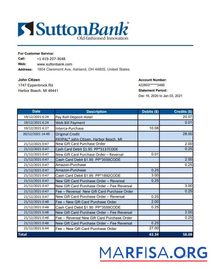 Printable USA Ohio Sutton bank statement excel template